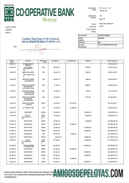 Extrato bancário cooperativo do Quênia para impressão, modelo Word e PDF